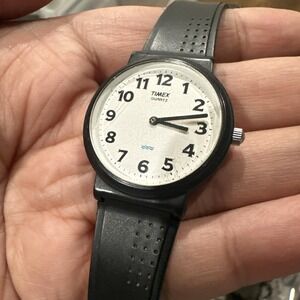 VTG Working Timex Unisex Quartz Watch WR 32mm‎ Black Strap Black Fit 8.5in